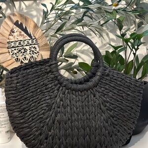 Elegant Black Woven Rattan Straw Handbag